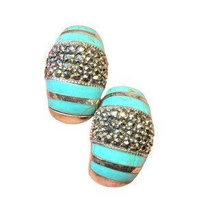 Sterling Silver Turquoise & Marcasite Hoop Earrings Vintage J-Hoop